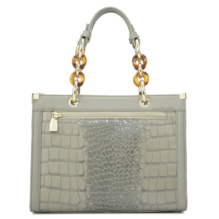 Small Croco Franzy Leather Satchel - Stone Grey