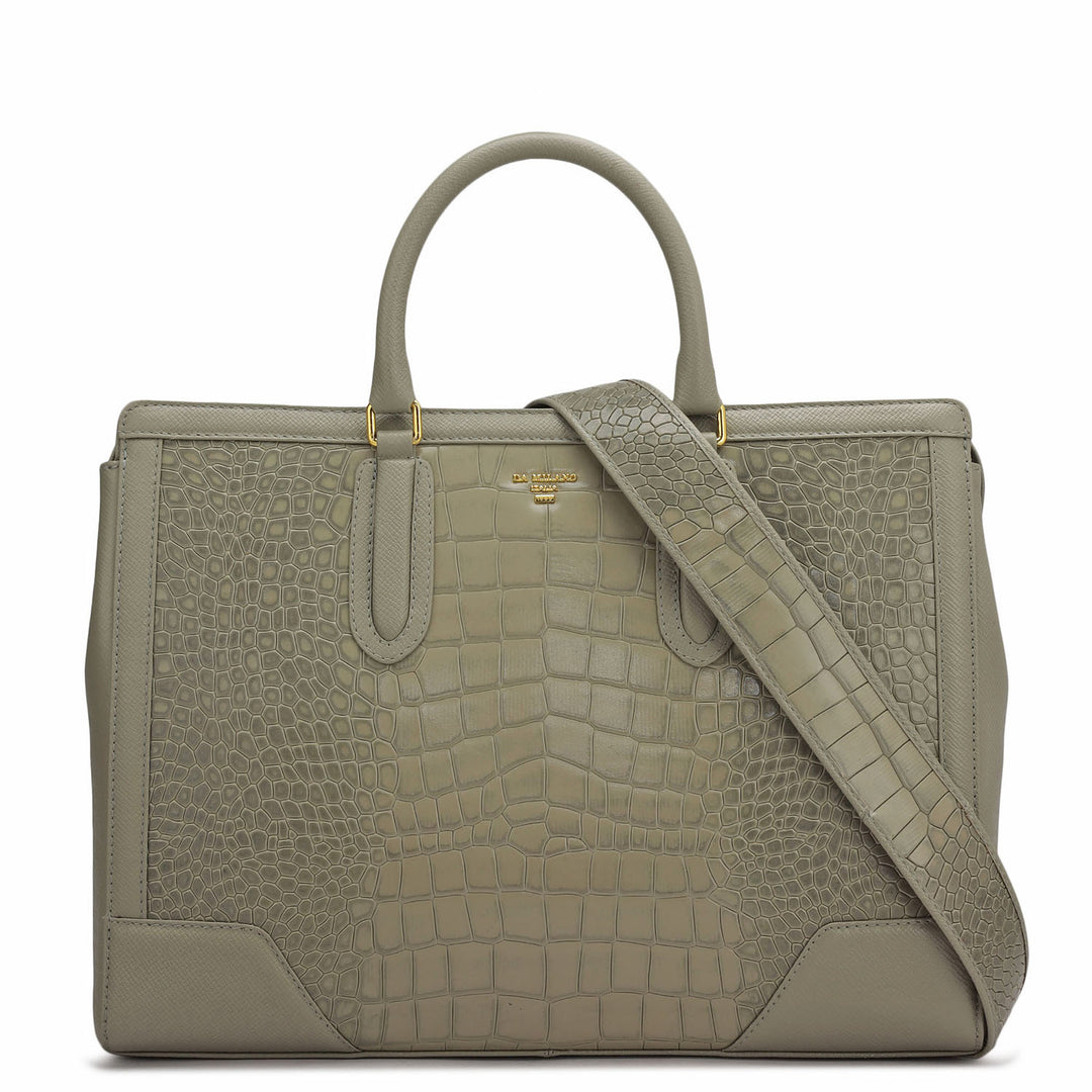 Large Croco Franzy Leather Satchel - Stone Grey
