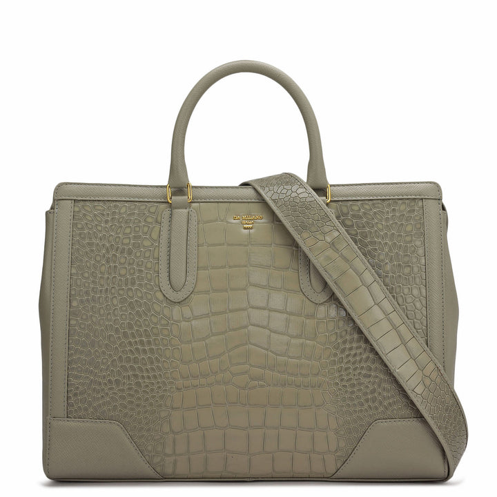 Large Croco Franzy Leather Satchel - Stone Grey