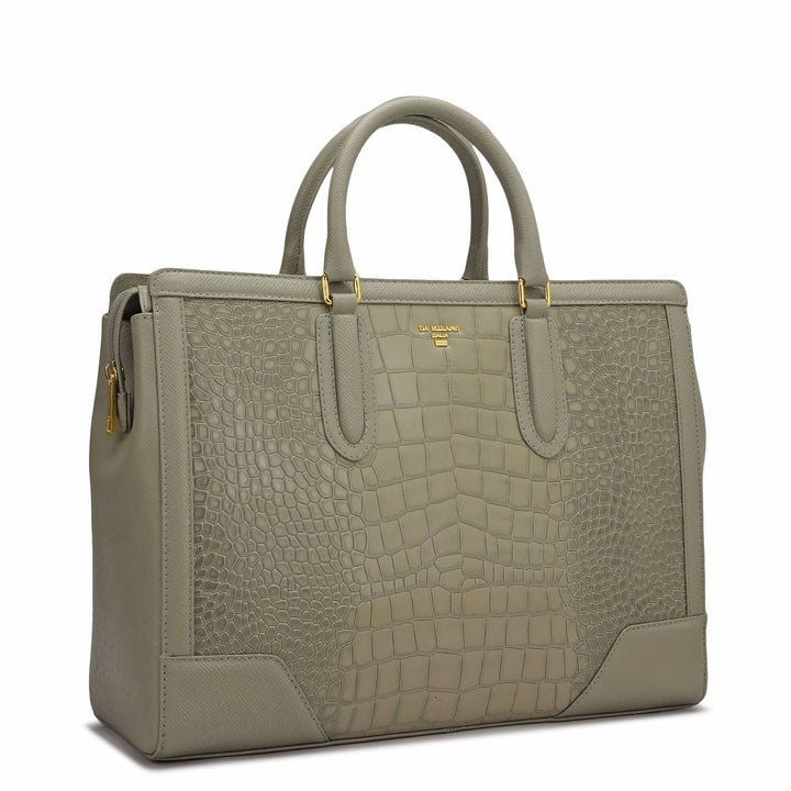 Large Croco Franzy Leather Satchel - Stone Grey