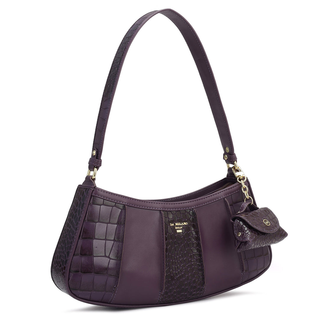 Small Croco Plain Leather Baguette - Grapevine