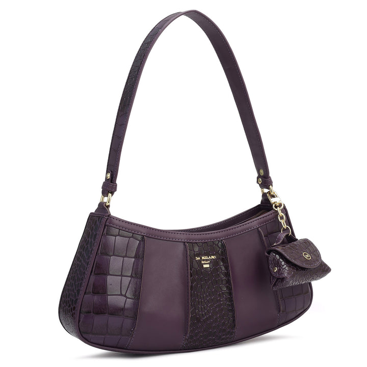 Small Croco Plain Leather Baguette - Grapevine