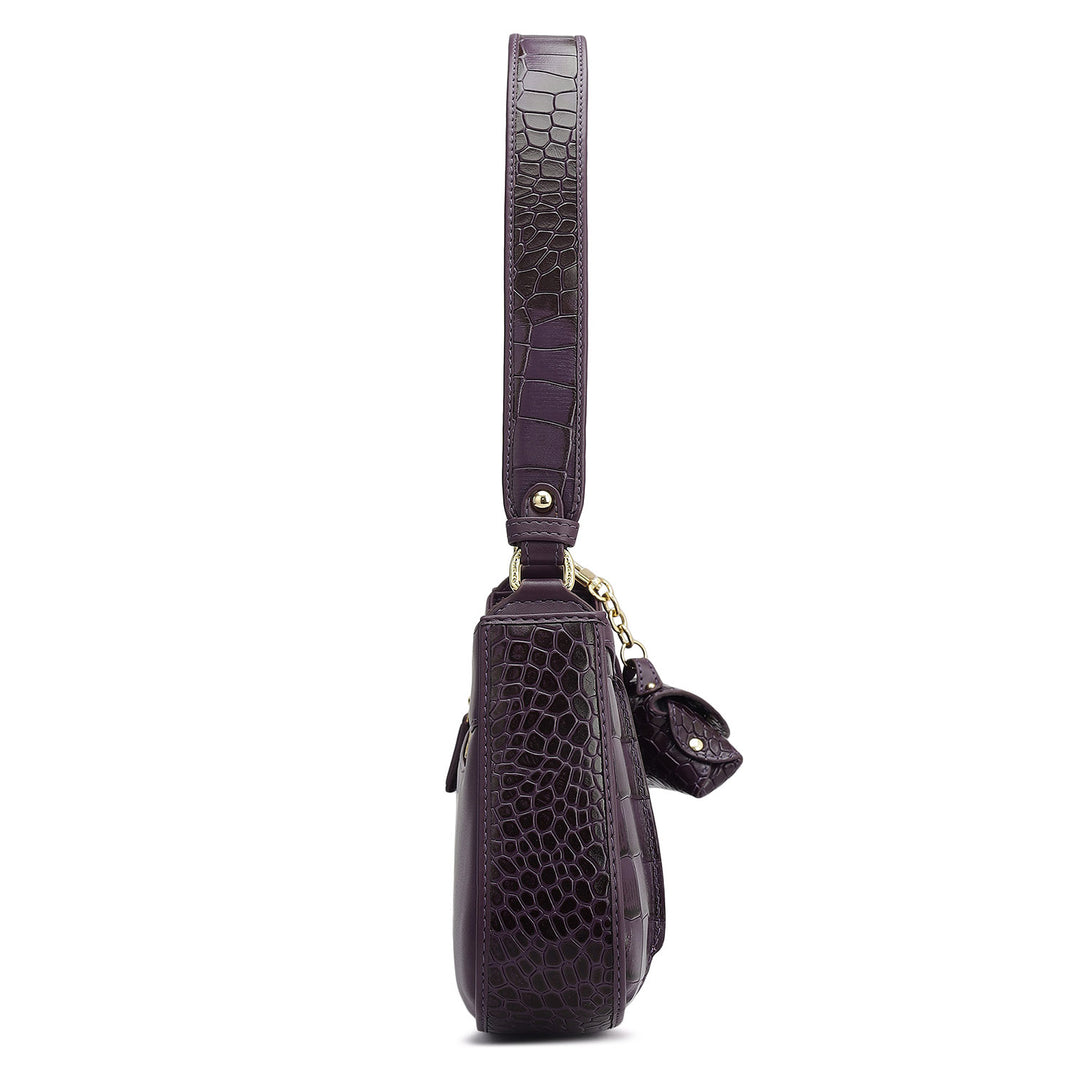 Small Croco Plain Leather Baguette - Grapevine