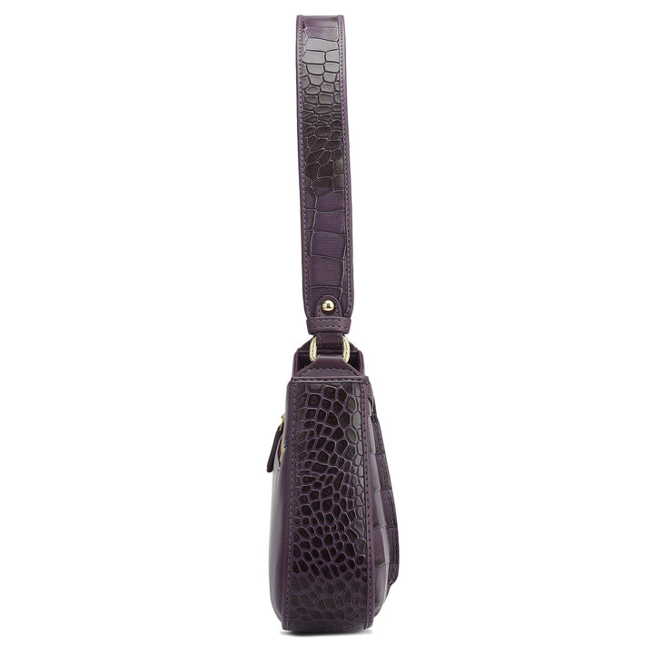 Small Croco Plain Leather Baguette - Grapevine