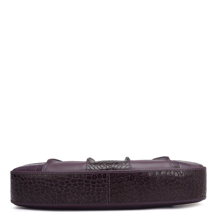 Small Croco Plain Leather Baguette - Grapevine