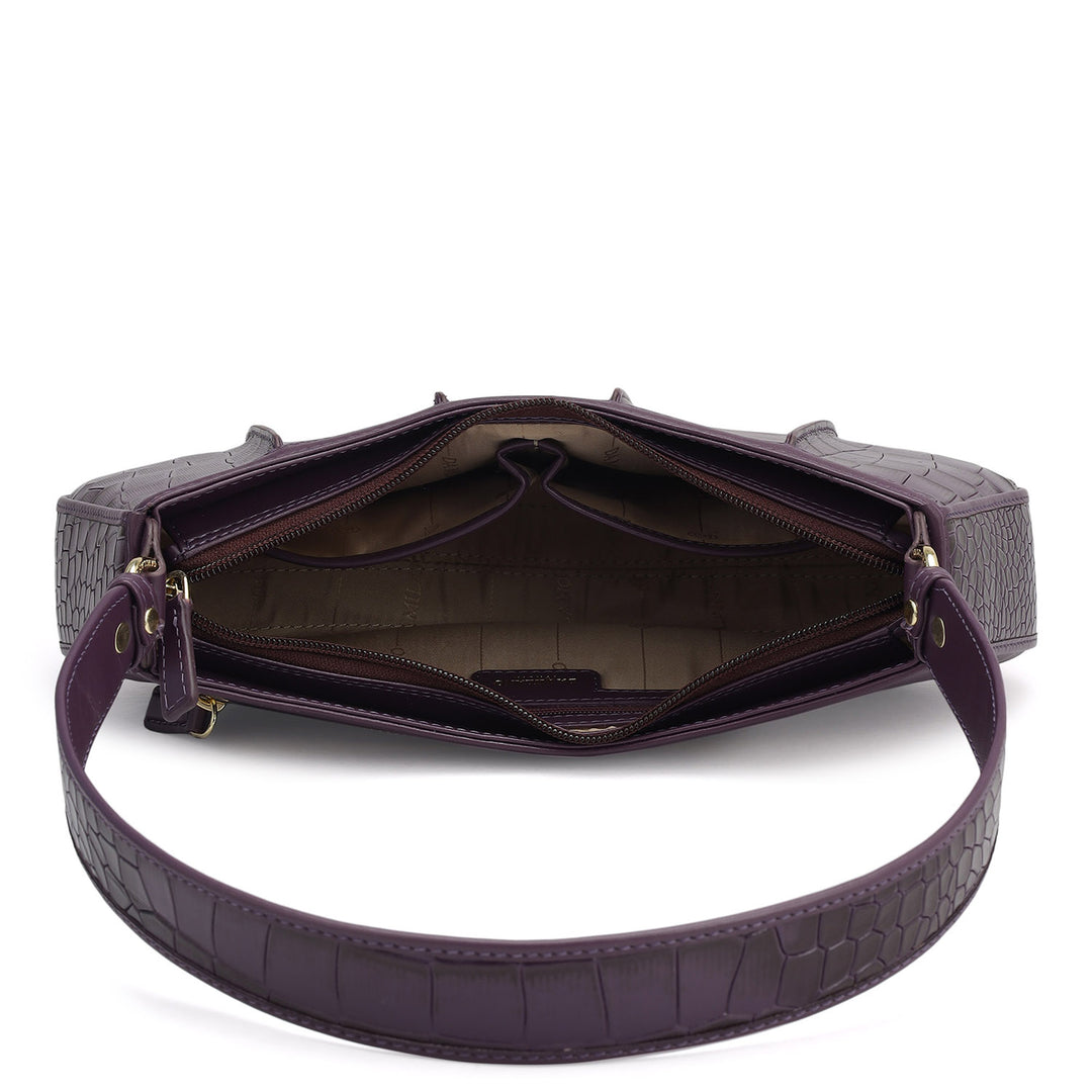 Small Croco Plain Leather Baguette - Grapevine