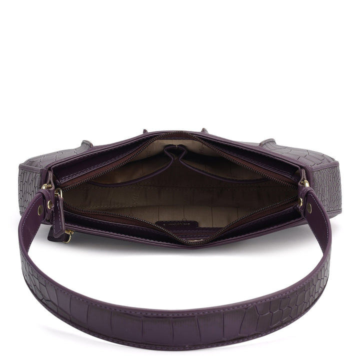 Small Croco Plain Leather Baguette - Grapevine