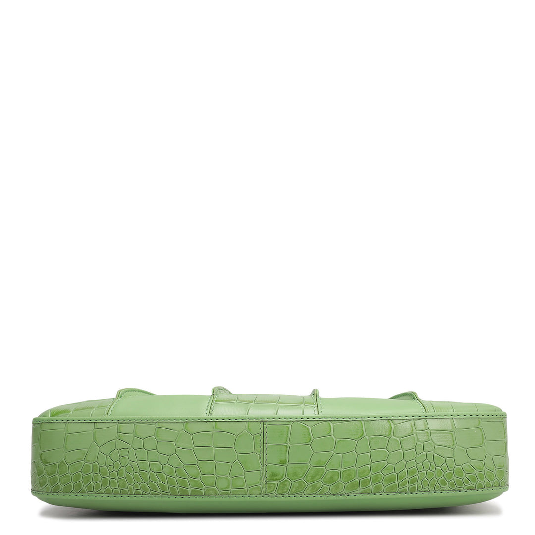 Small Croco Plain Leather Baguette - Kiwi