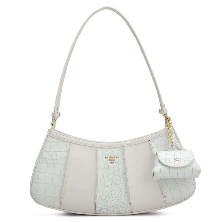 Small Croco Plain Leather Baguette - Snow