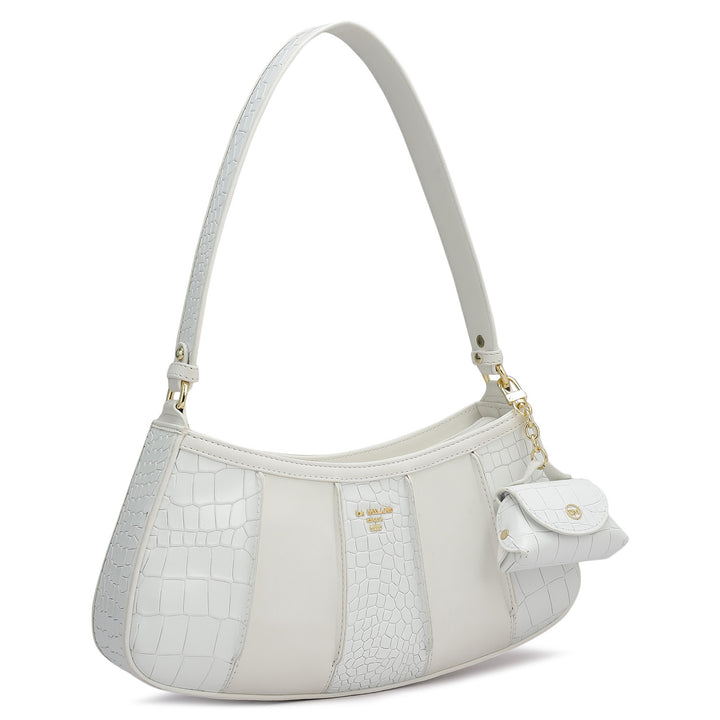 Small Croco Plain Leather Baguette - Snow