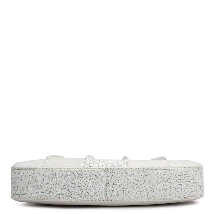 Small Croco Plain Leather Baguette - Snow