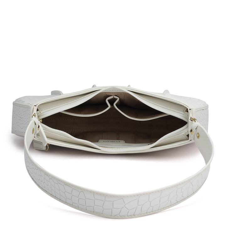 Small Croco Plain Leather Baguette - Snow