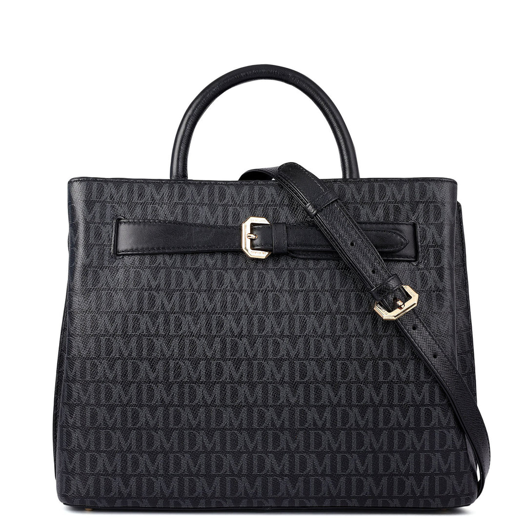 Siena Monogram Leather Satchel - Black