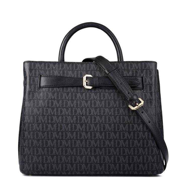 Siena Monogram Leather Satchel - Black
