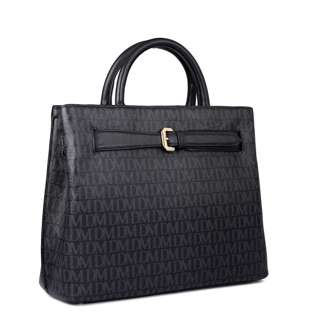 Siena Monogram Leather Satchel - Black
