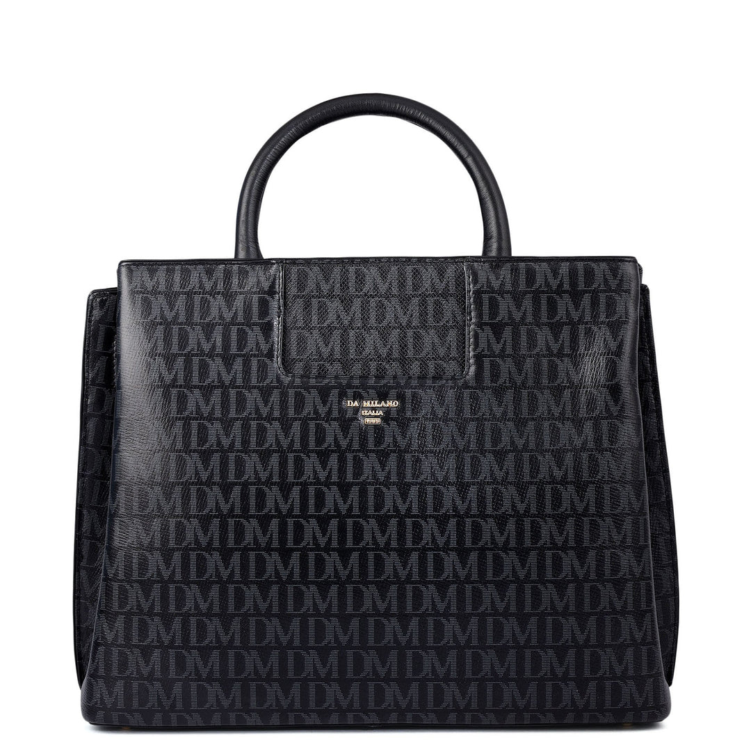Siena Monogram Leather Satchel - Black