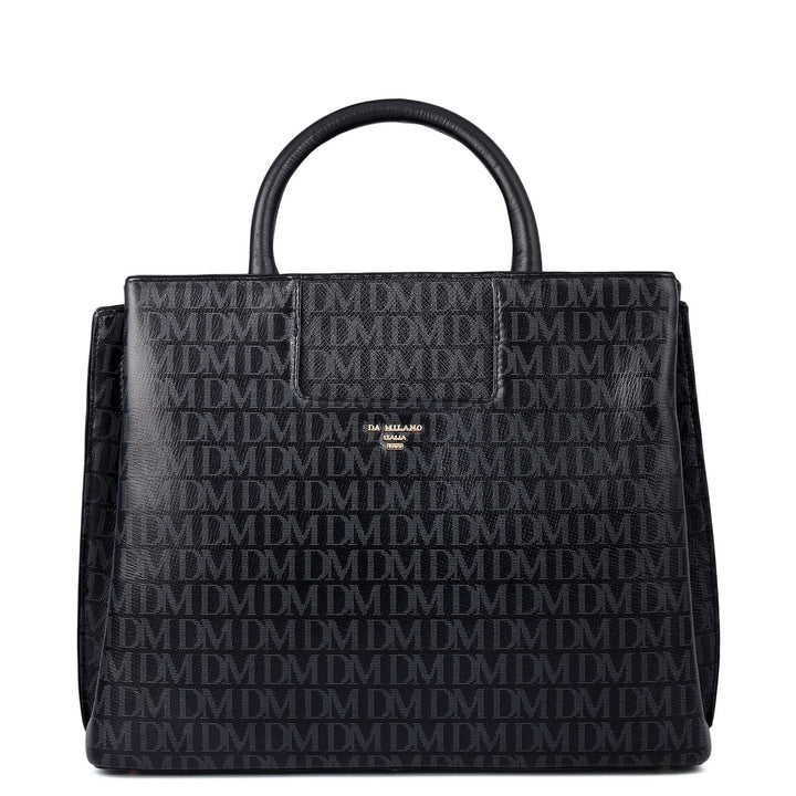 Siena Monogram Leather Satchel - Black