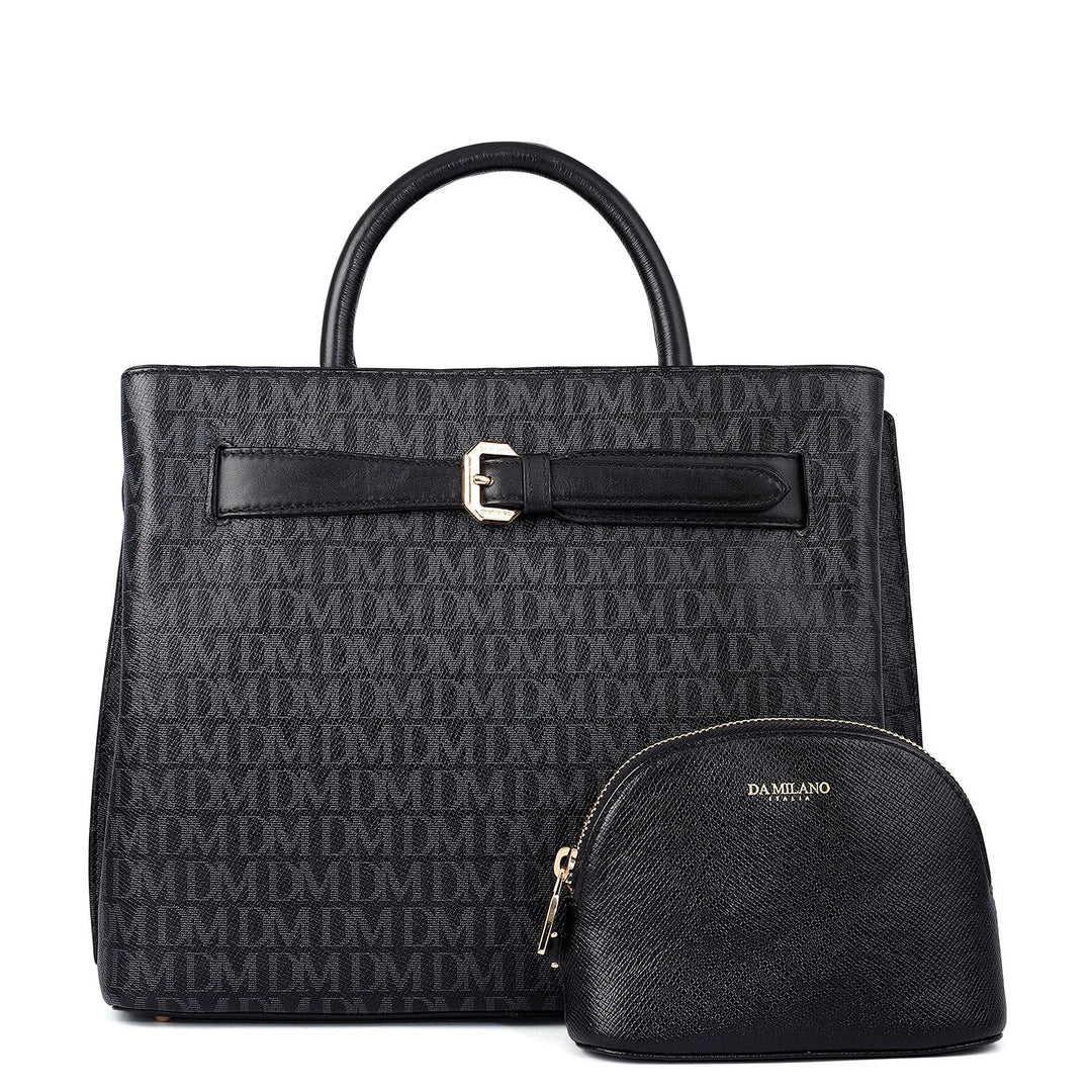 Siena Monogram Leather Satchel - Black