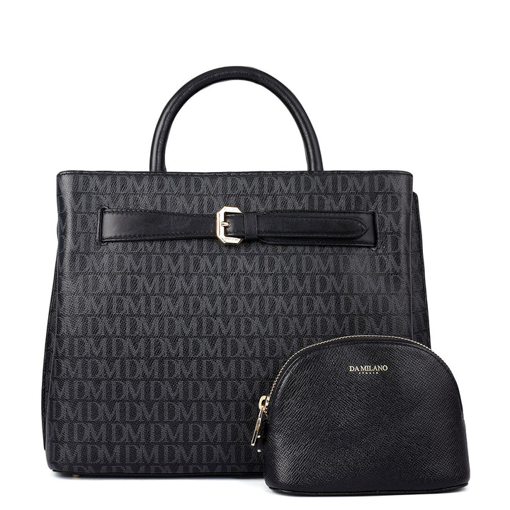 Siena Monogram Leather Satchel - Black