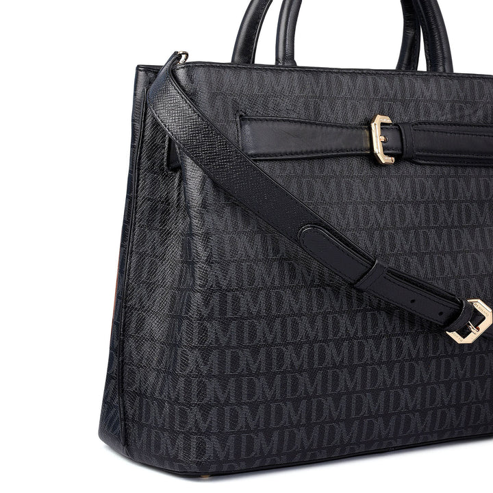 Siena Monogram Leather Satchel - Black