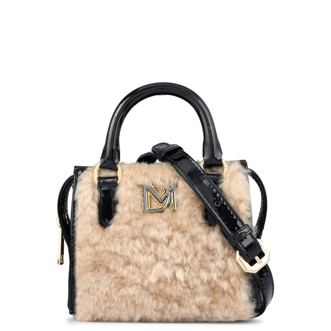 Micro Fur Patent Leather Satchel - Beige