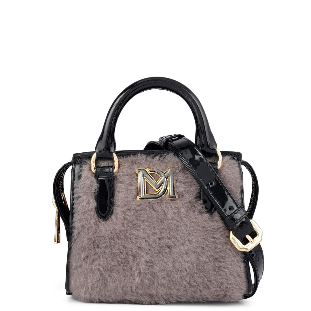 Micro Fur Patent Leather Satchel - Grey
