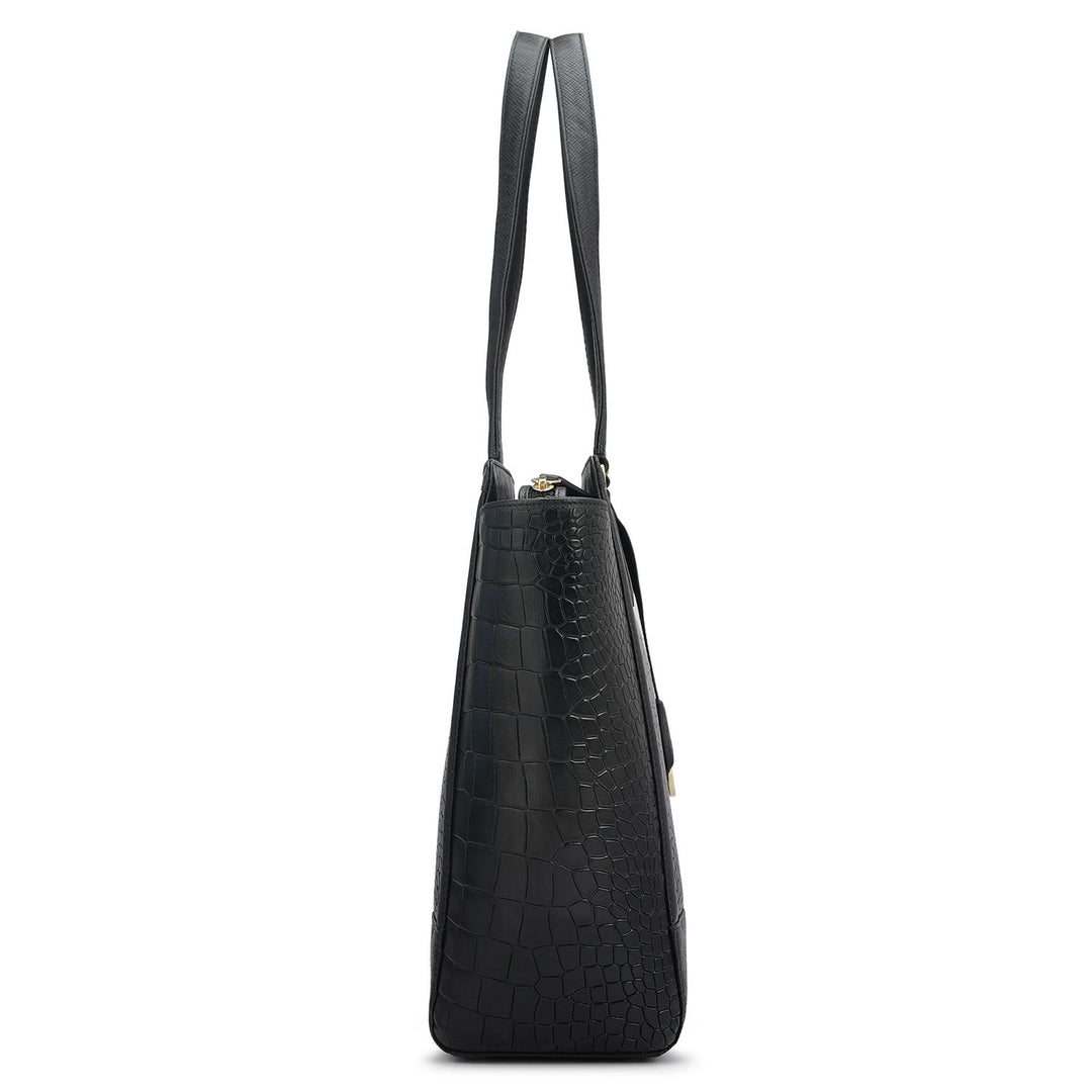 Large Croco Franzy Leather Tote - Black