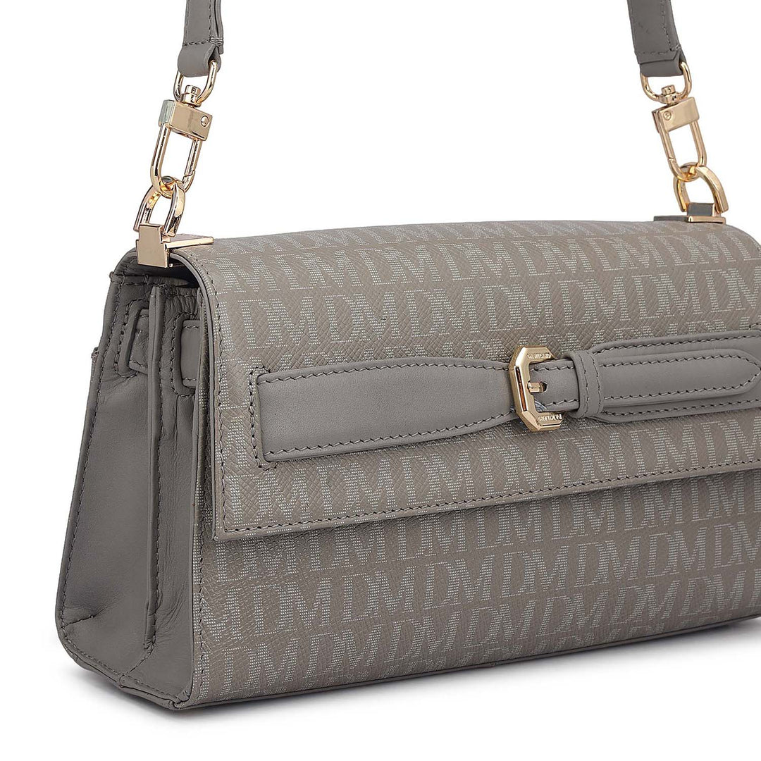Siena Monogram Leather Baguette - Stone Grey