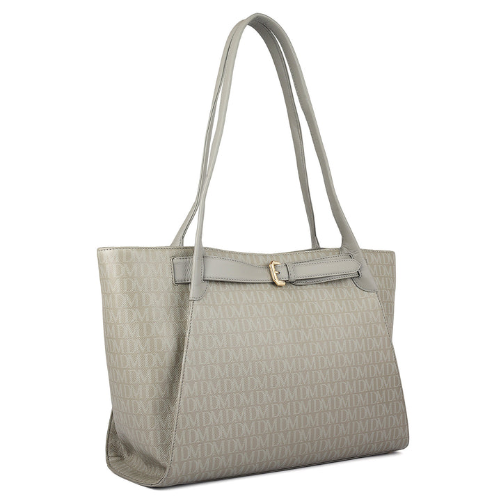 Siena Monogram Leather Tote - Stone Grey