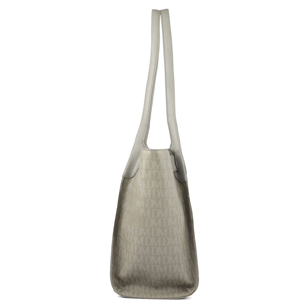Siena Monogram Leather Tote - Stone Grey