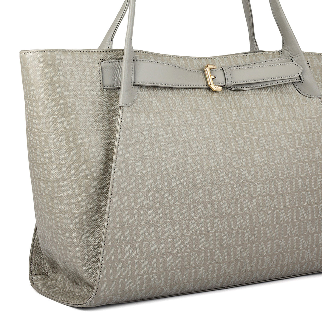 Siena Monogram Leather Tote - Stone Grey