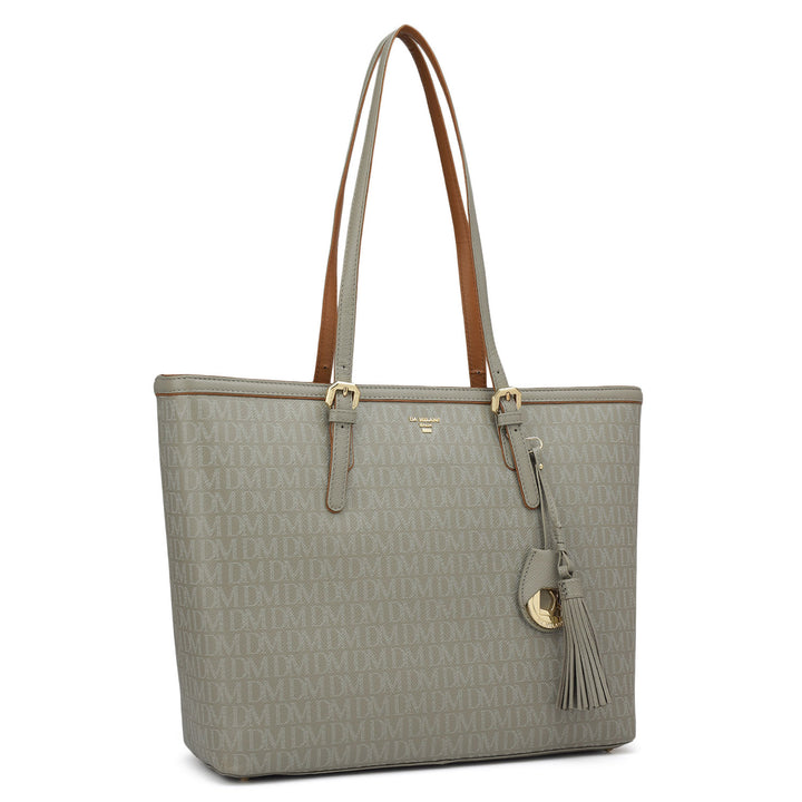 Medium Monogram Leather Tote - Stone Grey