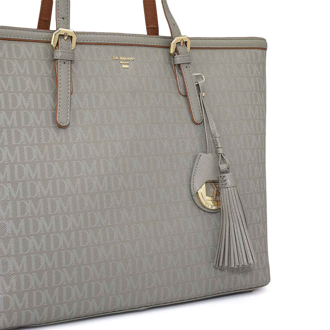 Medium Monogram Leather Tote - Stone Grey