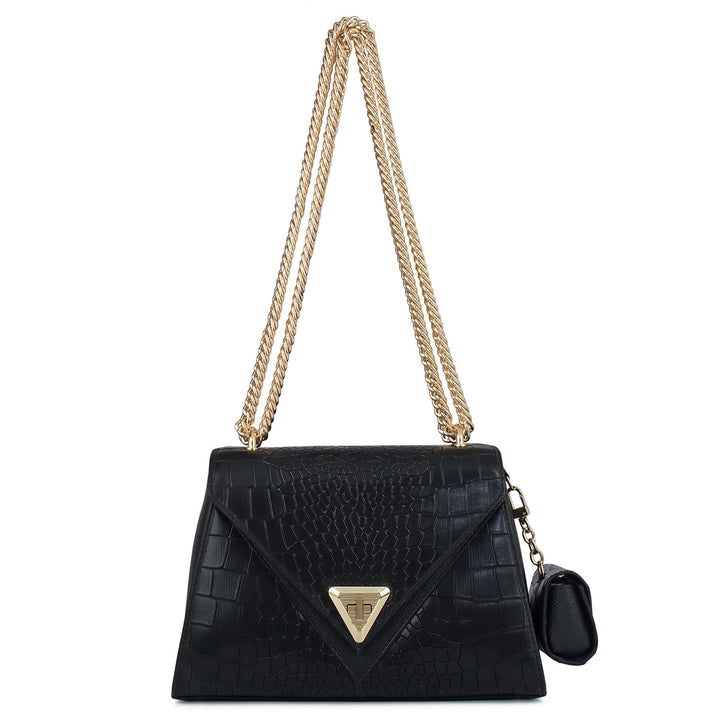 Allure Croco Franzy Leather Shoulder Bag - Black