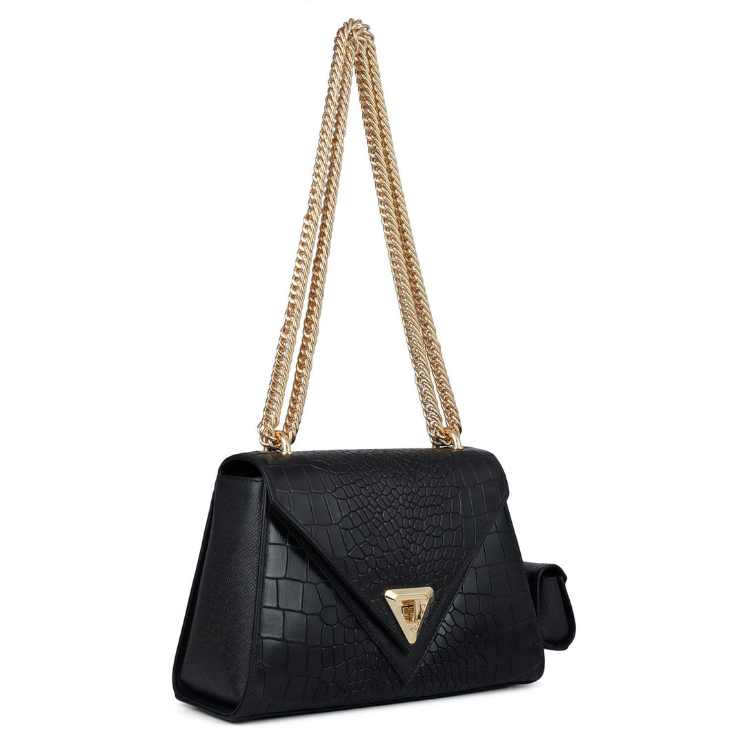 Allure Croco Franzy Leather Shoulder Bag - Black