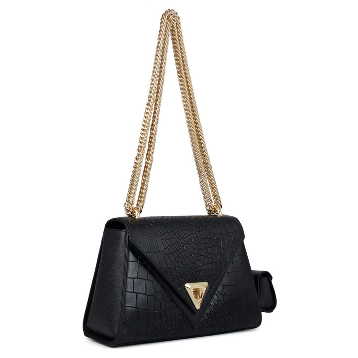 Allure Croco Franzy Leather Shoulder Bag - Black