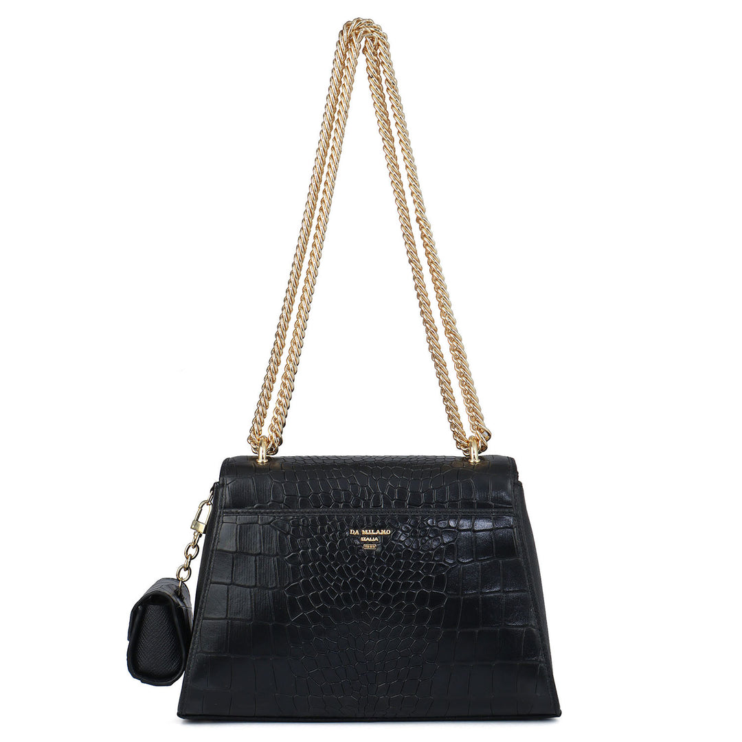 Allure Croco Franzy Leather Shoulder Bag - Black