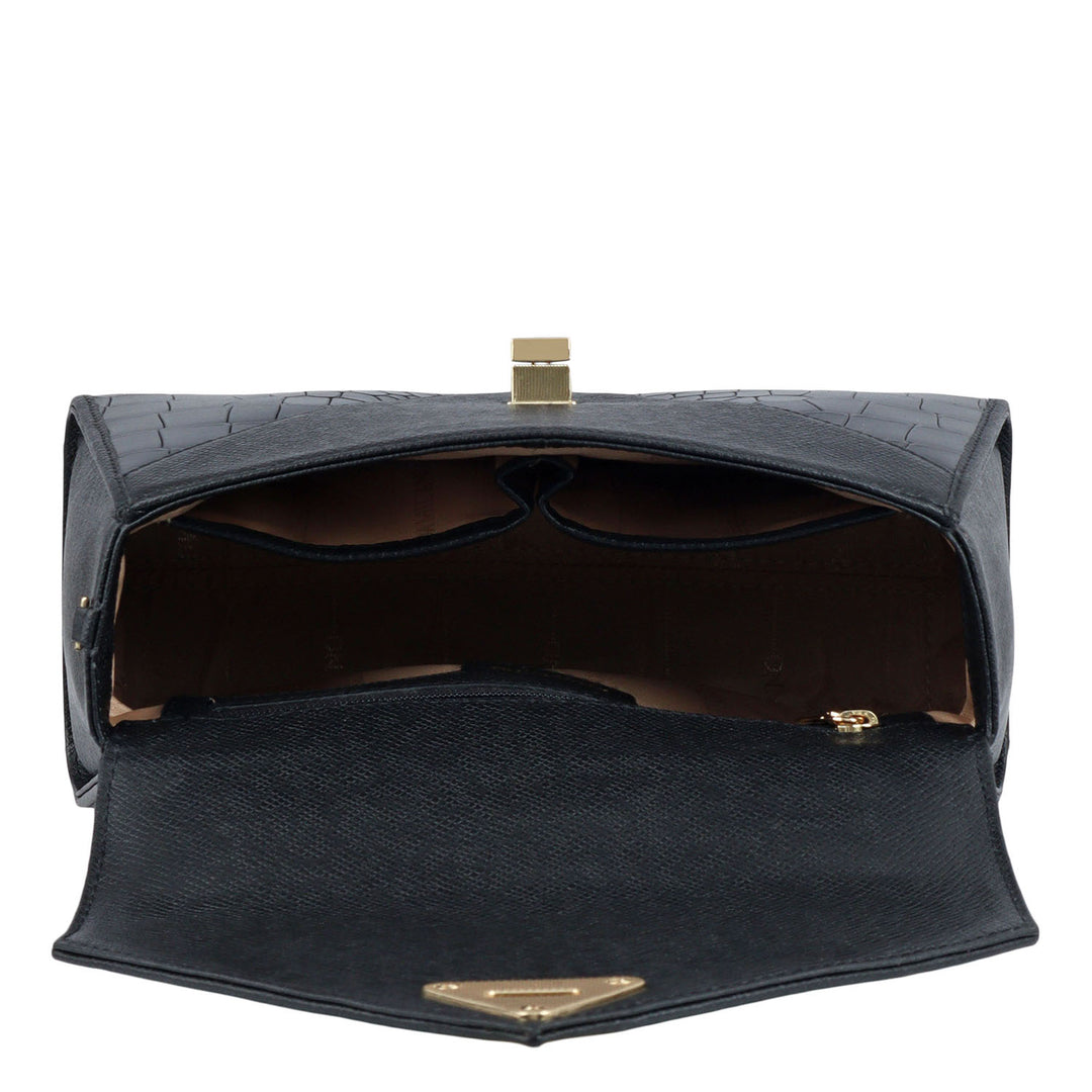 Allure Croco Franzy Leather Shoulder Bag - Black