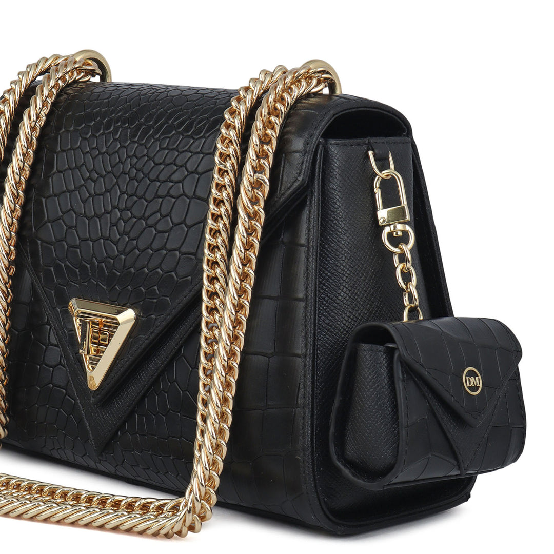 Allure Croco Franzy Leather Shoulder Bag - Black