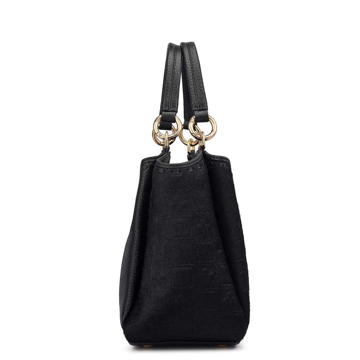 Small Fur Wax Leather Satchel - Black