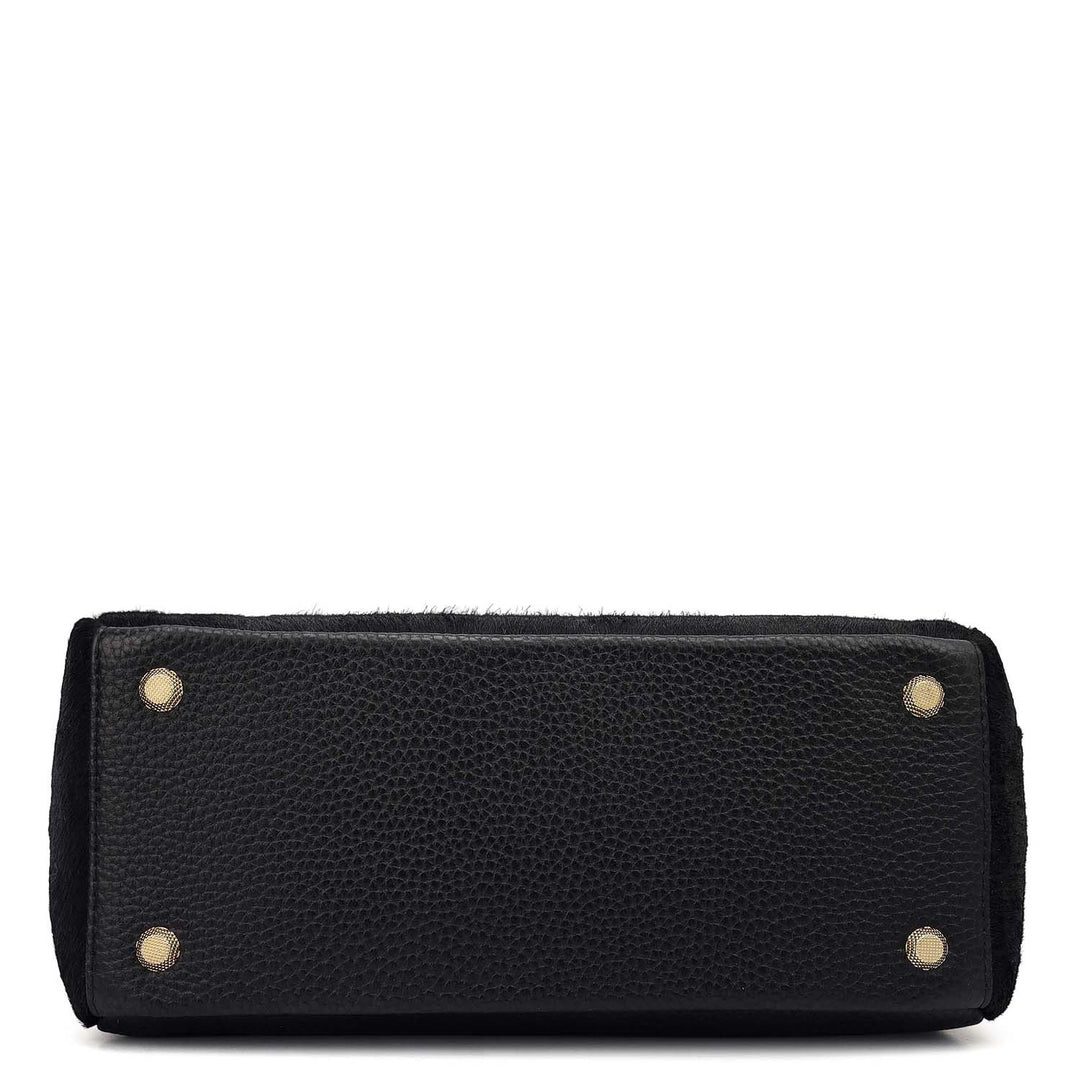 Small Fur Wax Leather Satchel - Black