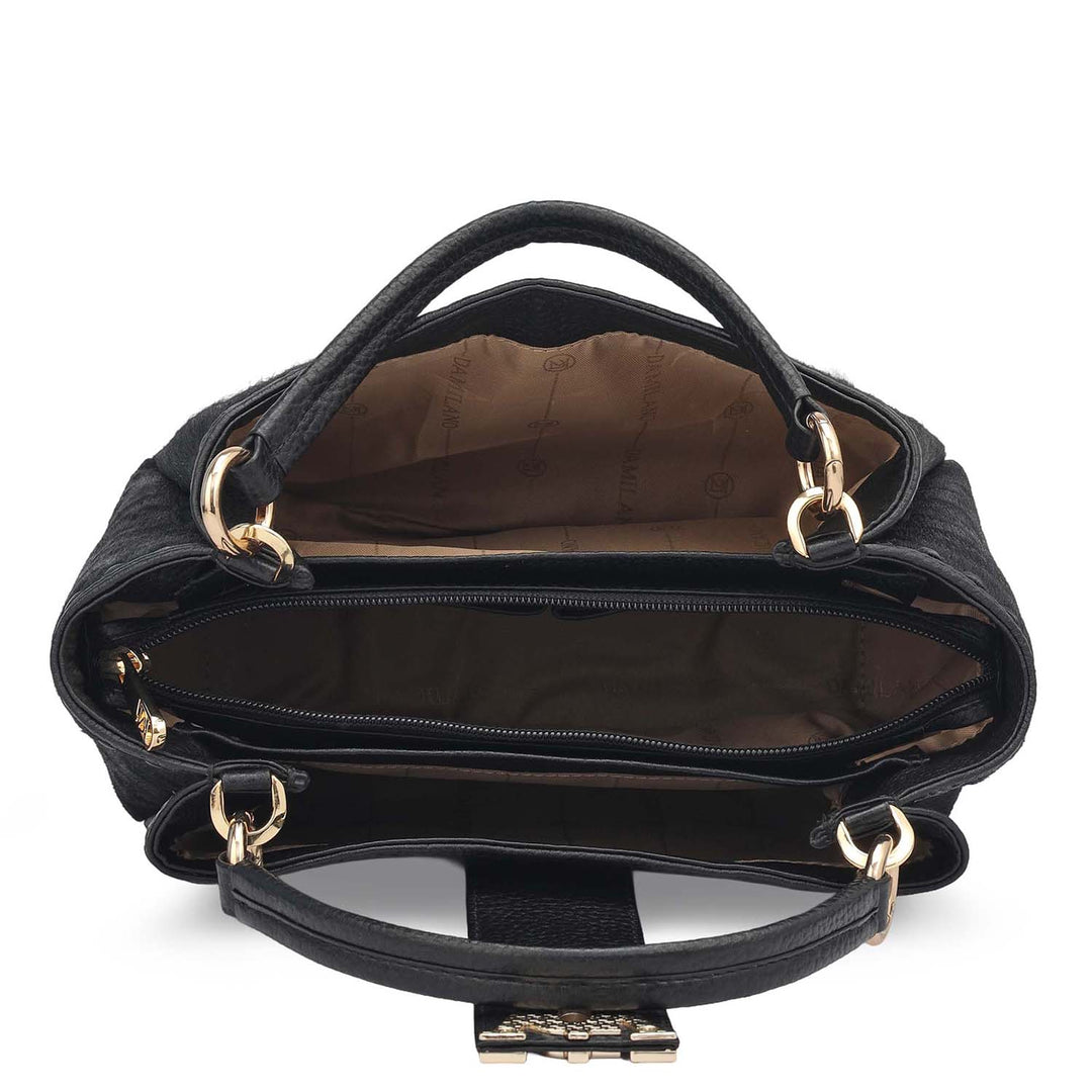 Small Fur Wax Leather Satchel - Black