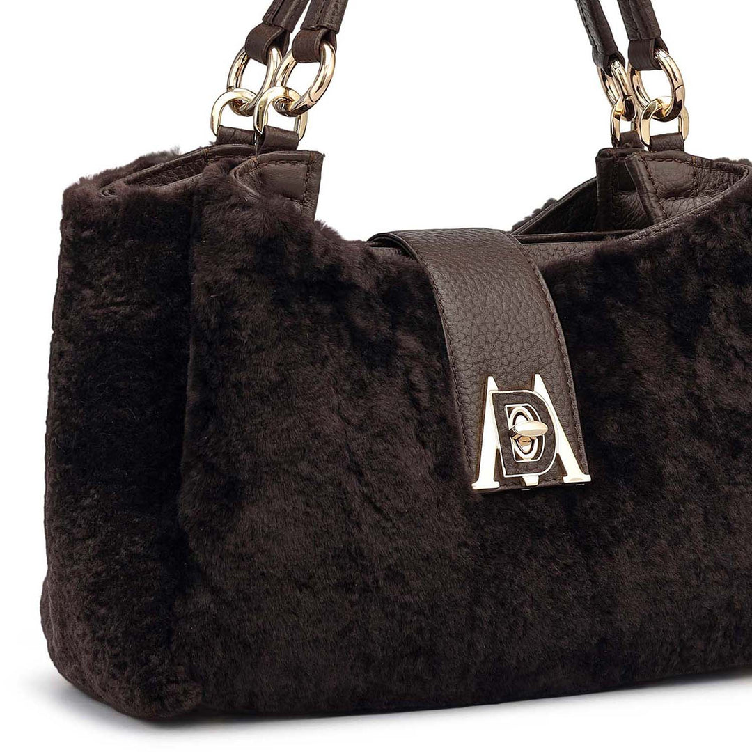 Small Fur Leather Satchel - Chocolate