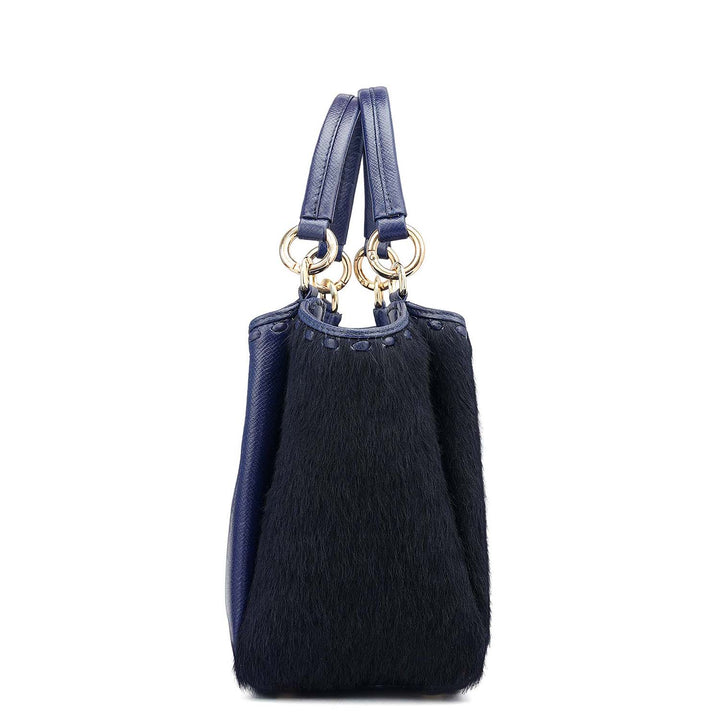 Small Fur Franzy Leather Satchel - Ink Blue