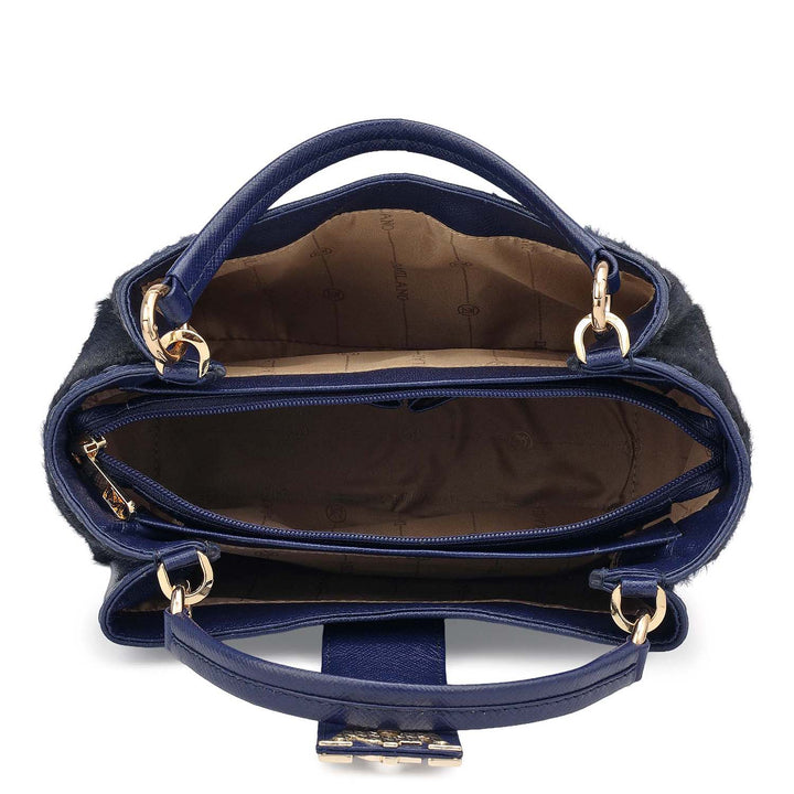 Small Fur Franzy Leather Satchel - Ink Blue