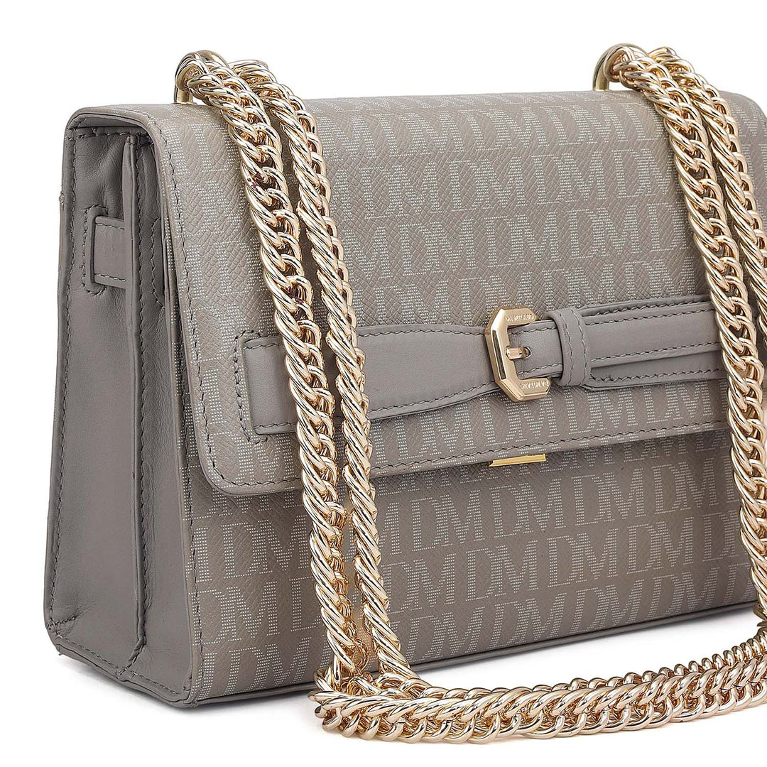 Small Monogram Leather Shoulder Bag - Stone Grey