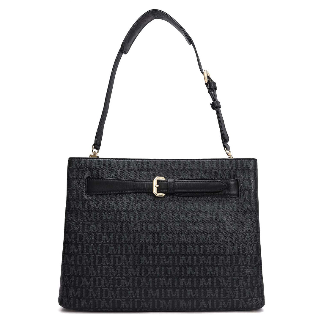 Siena Monogram Leather Shoulder Bag - Black