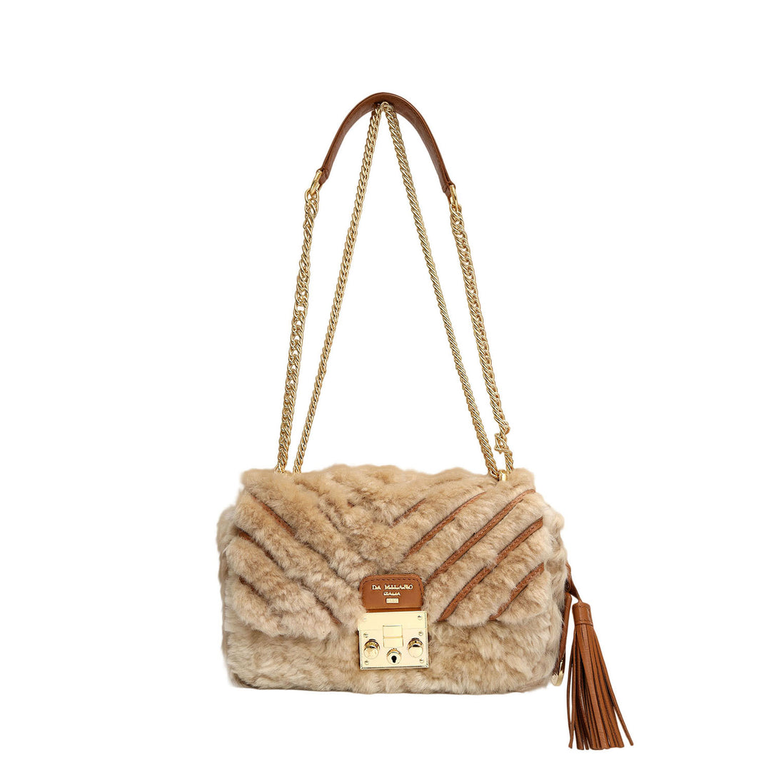 Small Fur Plain Leather Shoulder Bag - Beige