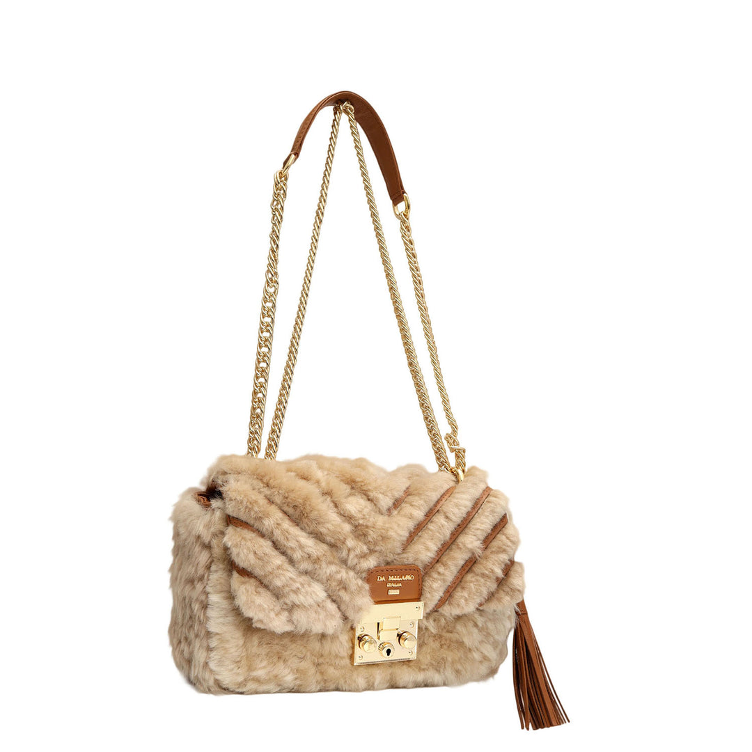 Small Fur Plain Leather Shoulder Bag - Beige