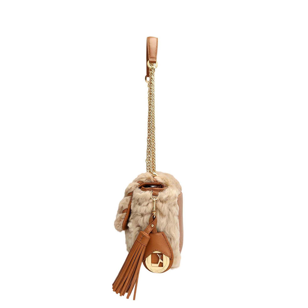 Small Fur Plain Leather Shoulder Bag - Beige